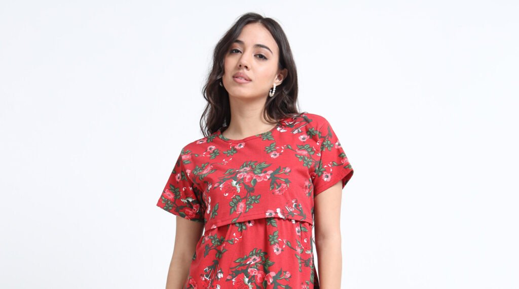 Zipless Maternity & Nursing Dress – Red Floral Print | Soft, Stylish & Easy Feeding Access