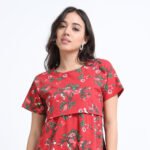 Zipless Maternity & Nursing Dress – Red Floral Print | Soft, Stylish & Easy Feeding Access