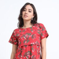 Zipless Maternity & Nursing Dress – Red Floral Print | Soft, Stylish & Easy Feeding Access