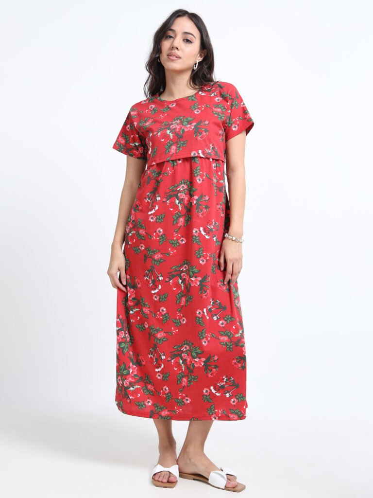 Zipless Maternity & Nursing Dress – Red Floral Print | Soft, Stylish & Easy Feeding Access