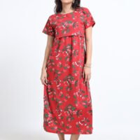 Zipless Maternity & Nursing Dress – Red Floral Print | Soft, Stylish & Easy Feeding Access