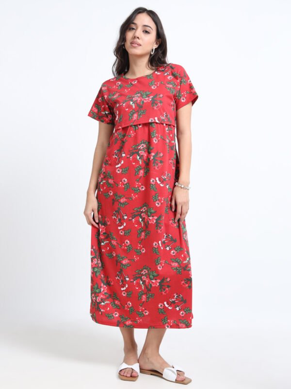 Zipless Maternity & Nursing Dress – Red Floral Print | Soft, Stylish & Easy Feeding Access