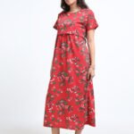 Zipless Maternity & Nursing Dress – Red Floral Print | Soft, Stylish & Easy Feeding Access