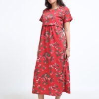 Zipless Maternity & Nursing Dress – Red Floral Print | Soft, Stylish & Easy Feeding Access