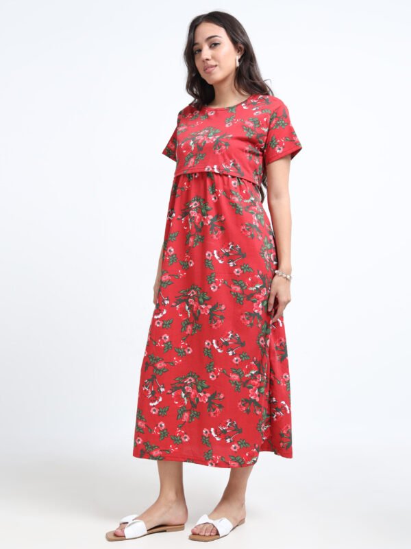 Zipless Maternity & Nursing Dress – Red Floral Print | Soft, Stylish & Easy Feeding Access
