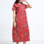 Zipless Maternity & Nursing Dress – Red Floral Print | Soft, Stylish & Easy Feeding Access
