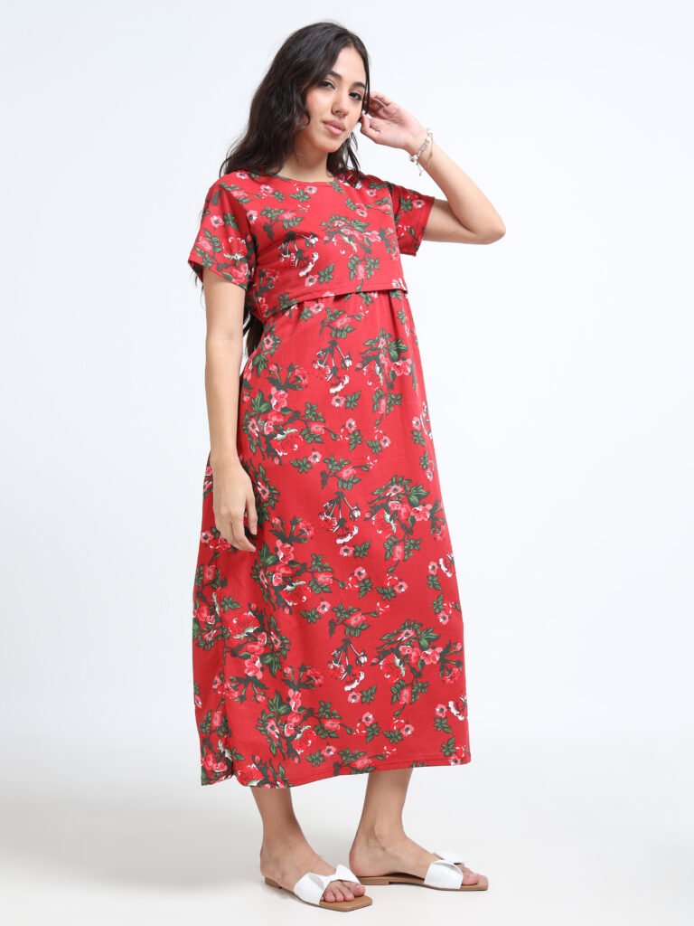 Zipless Maternity & Nursing Dress – Red Floral Print | Soft, Stylish & Easy Feeding Access