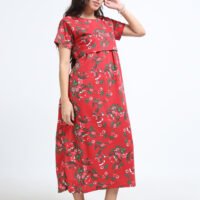 Zipless Maternity & Nursing Dress – Red Floral Print | Soft, Stylish & Easy Feeding Access