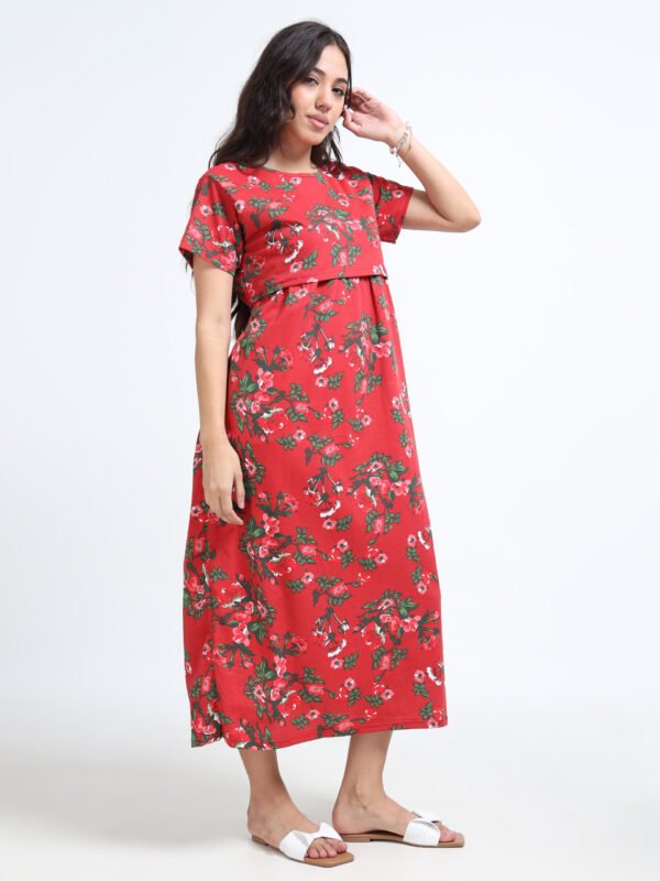Zipless Maternity & Nursing Dress – Red Floral Print | Soft, Stylish & Easy Feeding Access