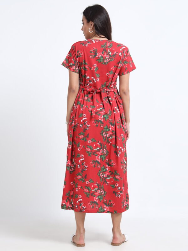 Zipless Maternity & Nursing Dress – Red Floral Print | Soft, Stylish & Easy Feeding Access