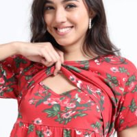 Zipless Maternity & Nursing Dress – Red Floral Print | Soft, Stylish & Easy Feeding Access
