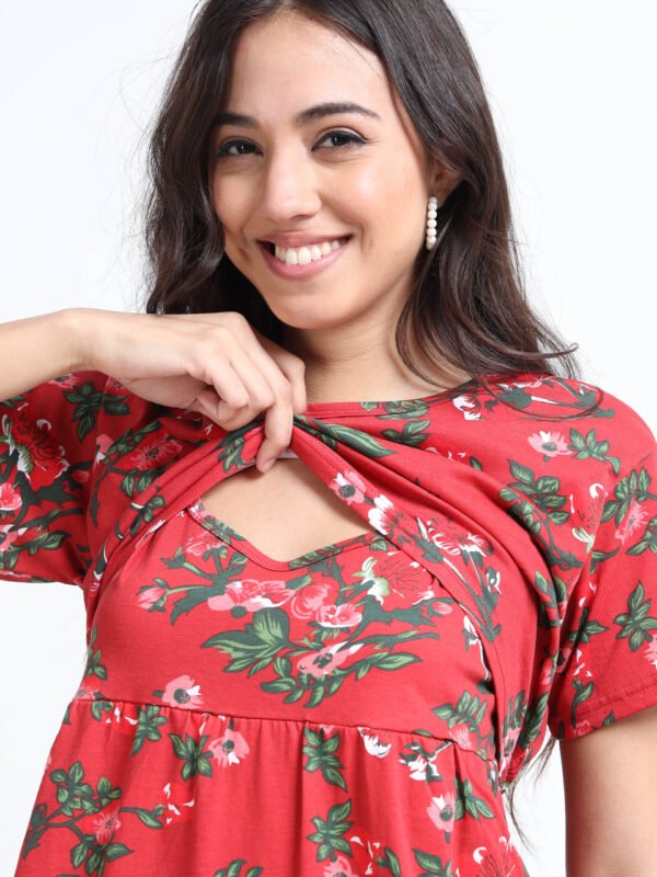 Zipless Maternity & Nursing Dress – Red Floral Print | Soft, Stylish & Easy Feeding Access