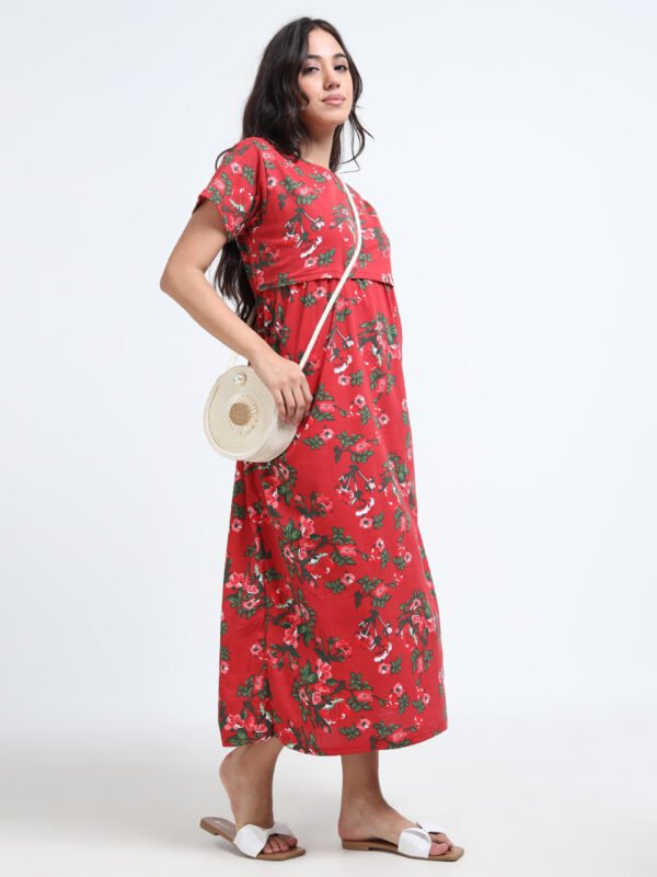Zipless Maternity & Nursing Dress – Red Floral Print | Soft, Stylish & Easy Feeding Access