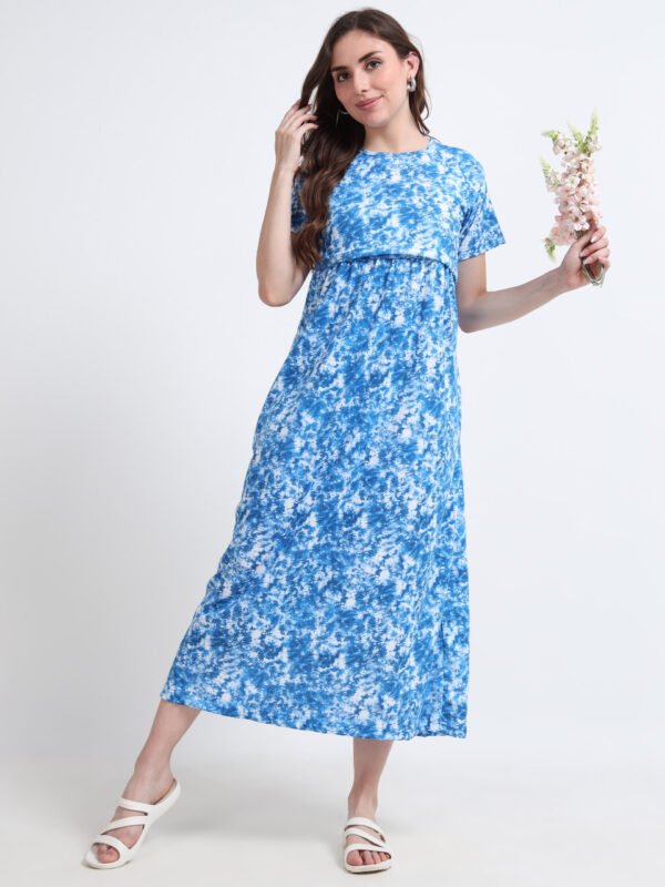 Blue Tie-Dye Print Comfortable Nursing Nightwear