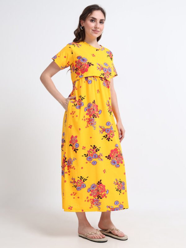 Yellow Floral Maternity Feeding Dress for Women | Zipless Nursing Gown | Pregnancy & Breastfeeding Friendly