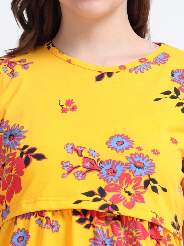 Yellow Floral Maternity Feeding Dress for Women | Zipless Nursing Gown | Pregnancy & Breastfeeding Friendly