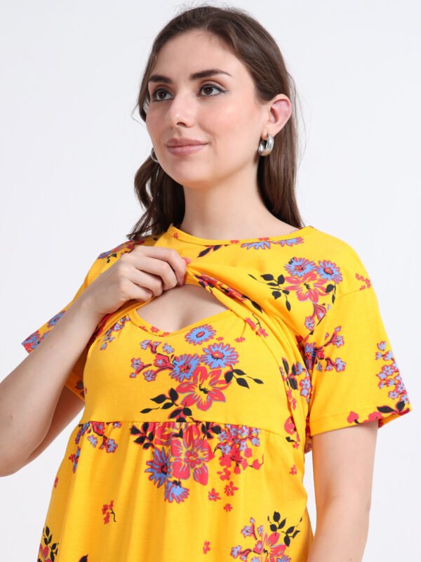 Yellow Floral Maternity Feeding Dress for Women | Zipless Nursing Gown | Pregnancy & Breastfeeding Friendly