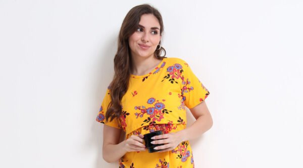 Yellow Floral Maternity Feeding Dress for Women | Zipless Nursing Gown | Pregnancy & Breastfeeding Friendly