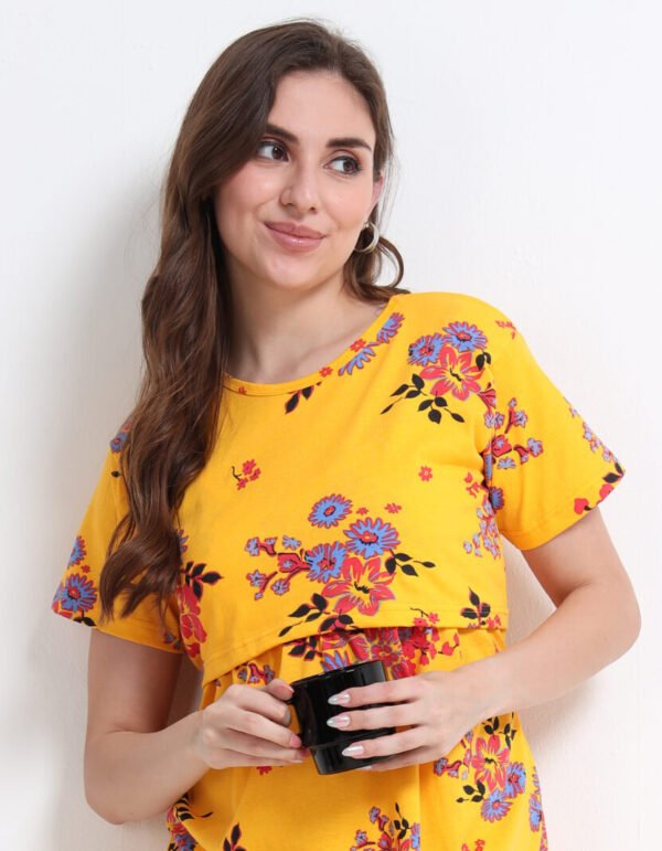 0W2A3843 Yellow Floral Maternity Feeding Dress for Women | Zipless Nursing Gown | Pregnancy & Breastfeeding Friendly