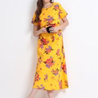 Yellow Floral Maternity Feeding Dress for Women | Zipless Nursing Gown | Pregnancy & Breastfeeding Friendly