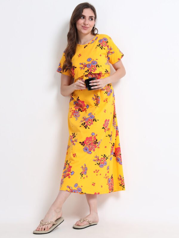 Yellow Floral Maternity Feeding Dress for Women | Zipless Nursing Gown | Pregnancy & Breastfeeding Friendly