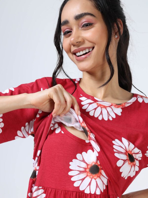 BARBET Women’s Maternity & Feeding Maxi Dress – Red Floral Print