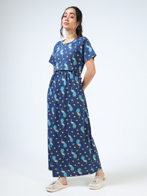 Peacock Print Zipless Maternity Feeding Dress – Comfort & Style for Moms