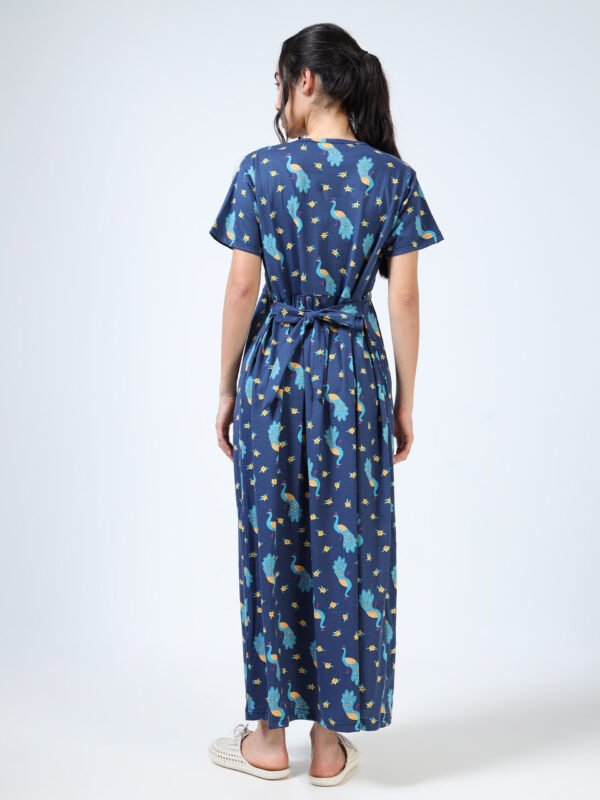 Peacock Print Zipless Maternity Feeding Dress – Comfort & Style for Moms
