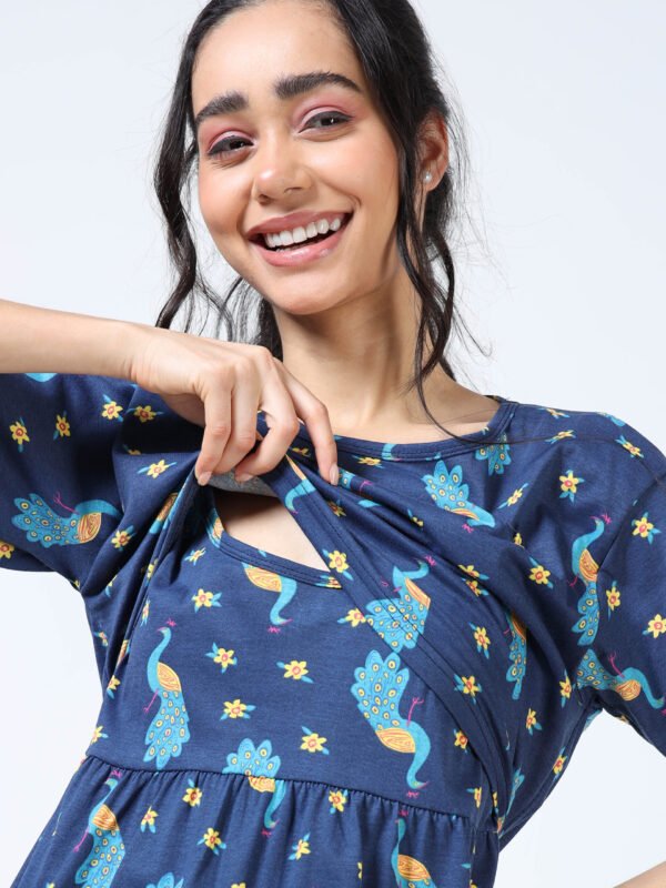 Peacock Print Zipless Maternity Feeding Dress – Comfort & Style for Moms