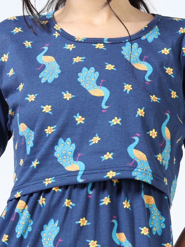 Peacock Print Zipless Maternity Feeding Dress – Comfort & Style for Moms