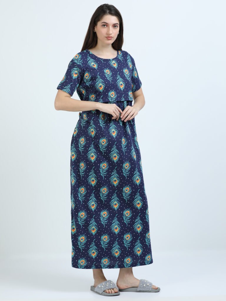 BARBET Women’s Maternity & Feeding Maxi Dress – Peacock Print Nursing Dress-PC