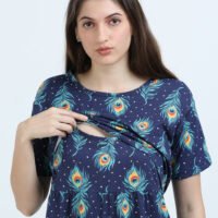 BARBET Women’s Maternity & Feeding Maxi Dress – Peacock Print Nursing Dress-PC
