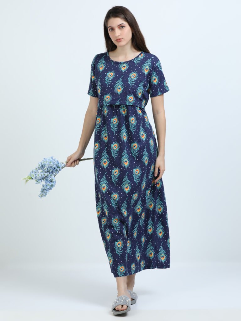BARBET Women’s Maternity & Feeding Maxi Dress – Peacock Print Nursing Dress-PC
