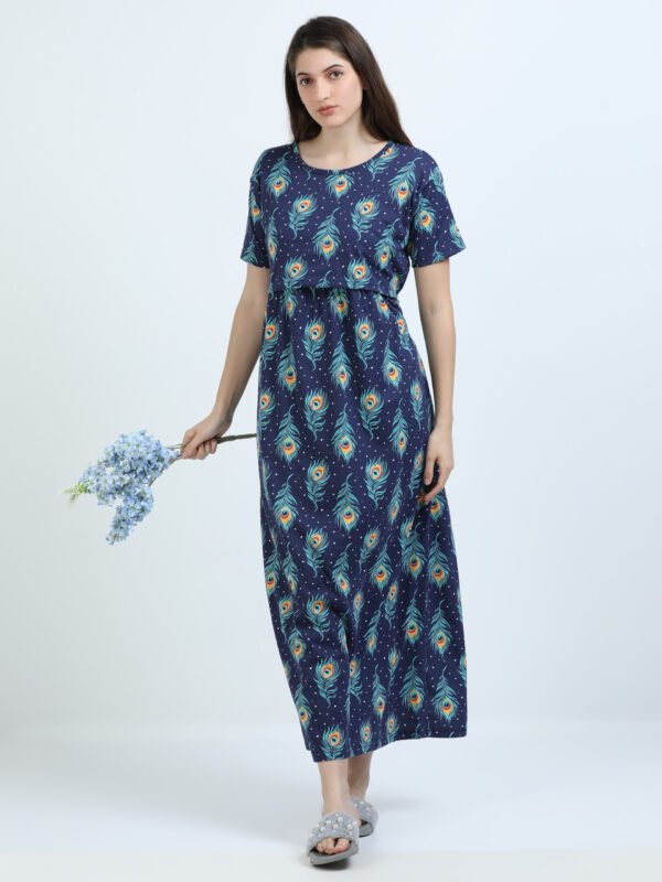 BARBET Women’s Maternity & Feeding Maxi Dress – Peacock Print Nursing Dress