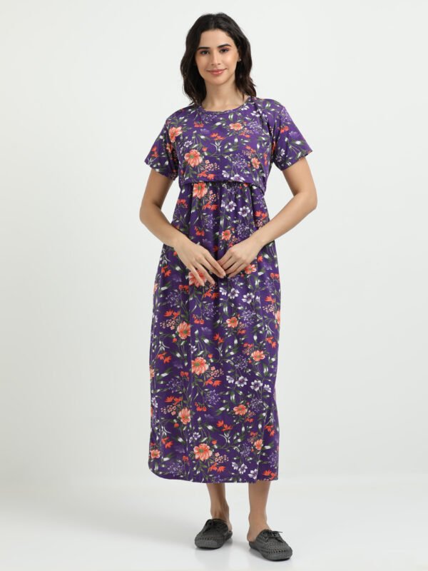 Violet Colour Maternity Zipless Dress for Women | Floral Print | Comfortable Pregnancy Wear