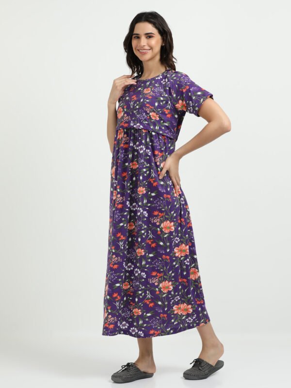 Violet Colour Maternity Zipless Dress for Women | Floral Print | Comfortable Pregnancy Wear