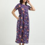Violet Colour Maternity Zipless Dress for Women | Floral Print | Comfortable Pregnancy Wear