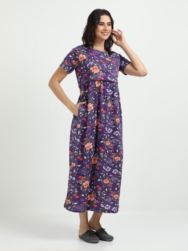 Violet Colour Maternity Zipless Dress for Women | Floral Print | Comfortable Pregnancy Wear
