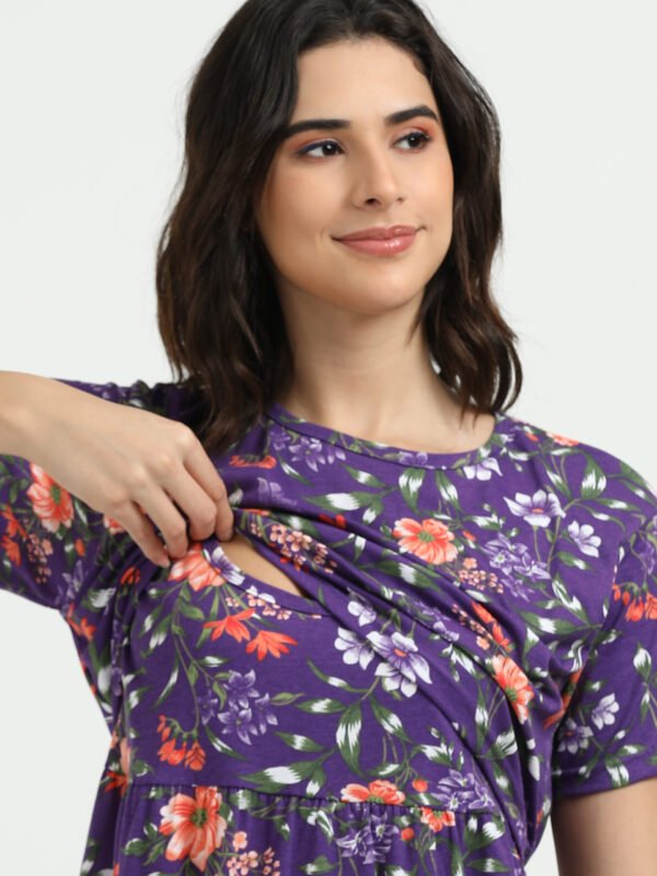 Violet Colour Maternity Zipless Dress for Women | Floral Print | Comfortable Pregnancy Wear