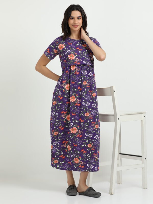 Violet Colour Maternity Zipless Dress for Women | Floral Print | Comfortable Pregnancy Wear