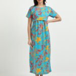 Green Leaf Printed Women’s Maternity & Nursing Maxi Dress with Zipless Feeding Access – Soft Breathable Fabric, Floral Print