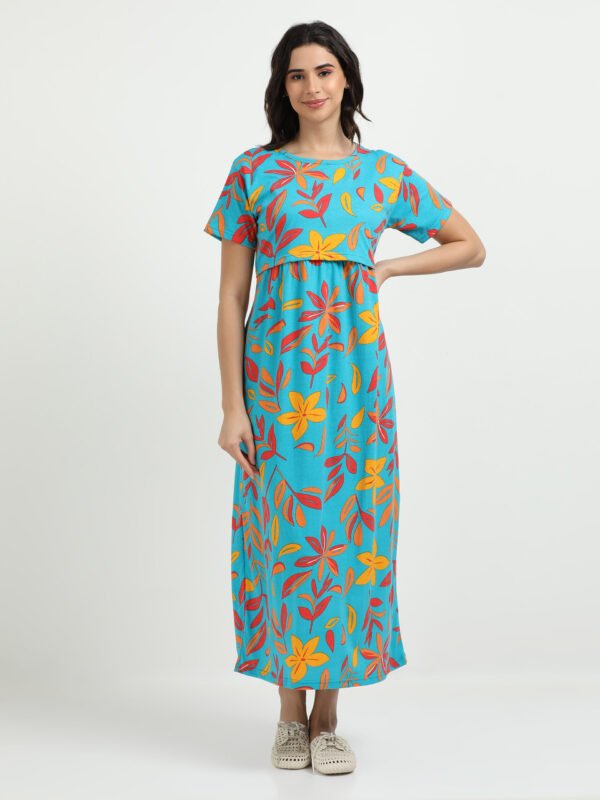 Green Leaf Printed Women’s Maternity & Nursing Maxi Dress with Zipless Feeding Access – Soft Breathable Fabric, Floral Print