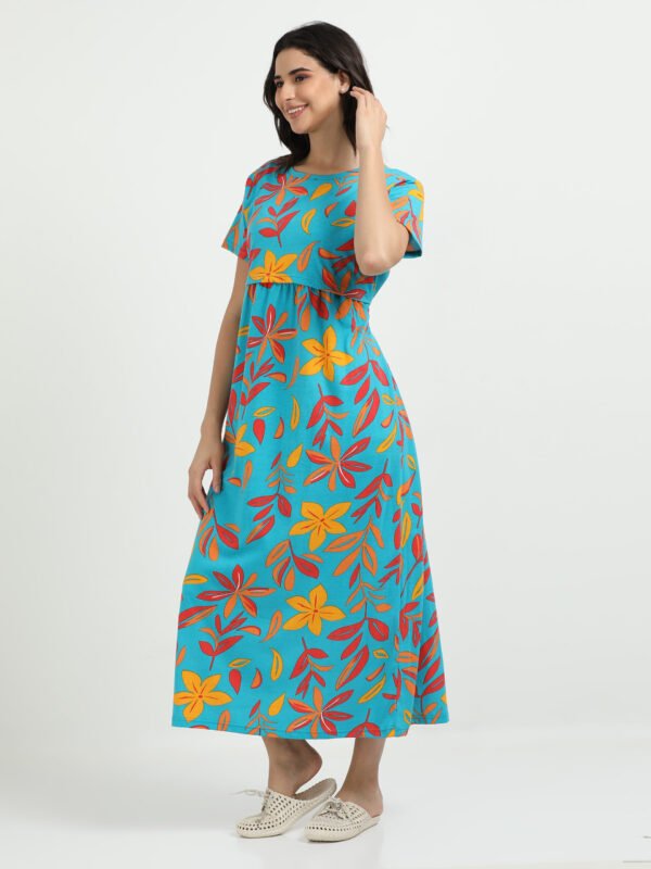 Green Leaf Printed Women’s Maternity & Nursing Maxi Dress with Zipless Feeding Access – Soft Breathable Fabric, Floral Print