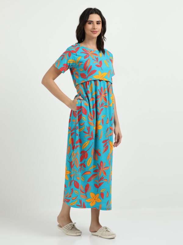 Green Leaf Printed Women’s Maternity & Nursing Maxi Dress with Zipless Feeding Access – Soft Breathable Fabric, Floral Print