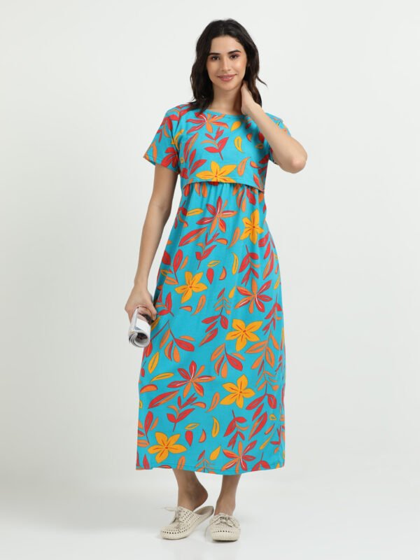 Green Leaf Printed Women’s Maternity & Nursing Maxi Dress with Zipless Feeding Access – Soft Breathable Fabric, Floral Print