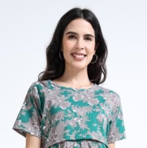 Green Floral Zipless Maternity Feeding Dress – Comfort & Style for Moms