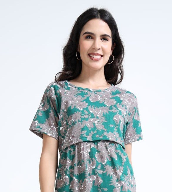 Green Floral Zipless Maternity Feeding Dress – Comfort & Style for Moms
