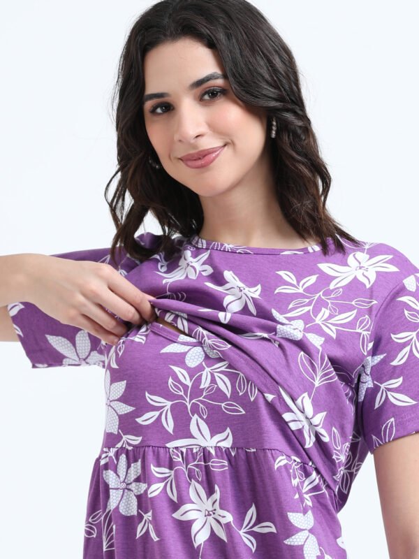 White Floral Printed Zipless Maternity & Nursing Dress | Soft Stretch Fabric with Easy Lift-Up Feeding Access