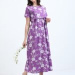 White Floral Printed Zipless Maternity & Nursing Dress | Soft Stretch Fabric with Easy Lift-Up Feeding Access