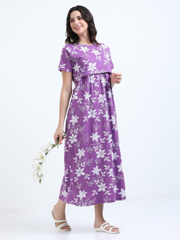 White Floral Printed Zipless Maternity & Nursing Dress | Soft Stretch Fabric with Easy Lift-Up Feeding Access
